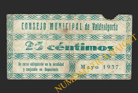 VALDEALGORTA,  25 céntimos,mayo de 1937
