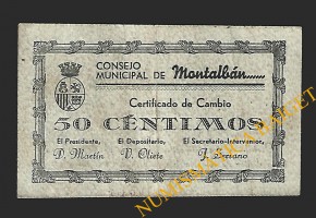 MONTALBAN (Teruel) 50 céntimos. 1 de junio de 1937