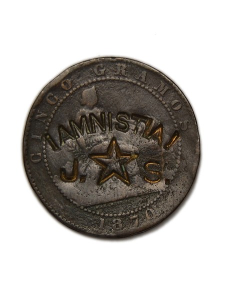 GOBIERNO PROVISIONAL 1870 - 5 Céntimos - Contramarca ¡AMNISTIA! J★S.