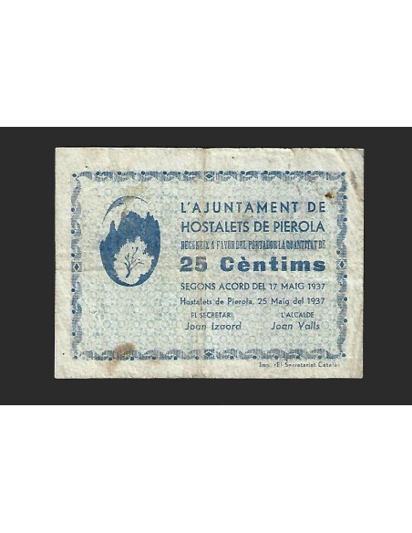 HOSTALETS DE PIEROLA (Barcelona) - 25 cèntims 1937