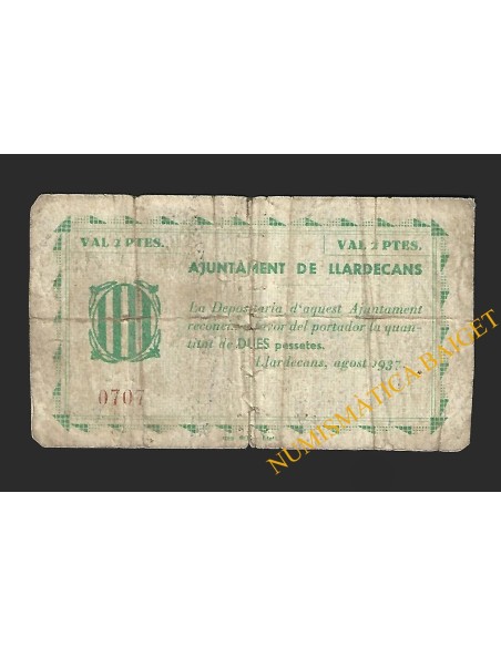 LLARDECANS (Lleida) - 2 pessetes 1937