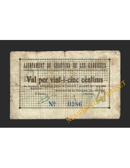 GRANYENA DE LES GARRIGUES (Lleida) - 25 cèntims 1937