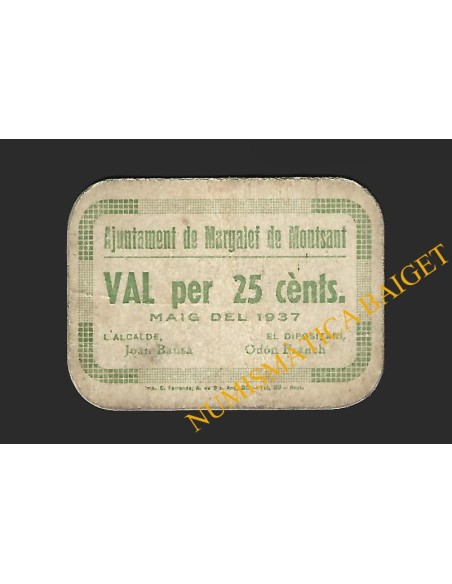 MARGALEF DE MONTSANT (Tarragona) - 25 cèntims 1937