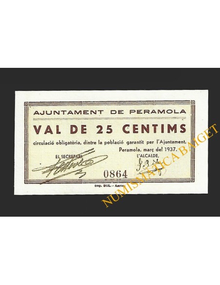 PERAMOLA (Lleida) - 25 cèntims 1937