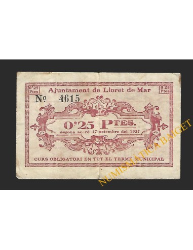 LLORET DE MAR (Girona) - 0,25 pessetes 1937