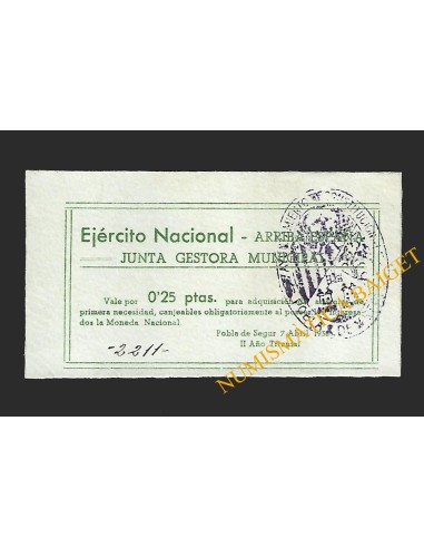 POBLA DE SEGUR (Lleida) - 0,25 pessetas 1938