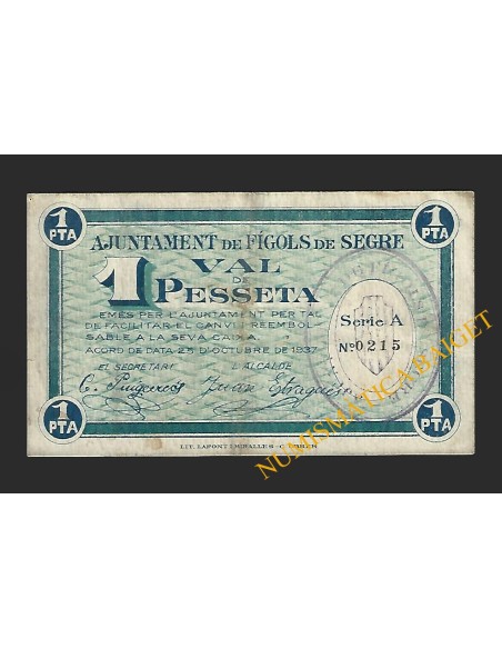 FIGOLS DE SEGRE (Lleida) - 1 pesseta 1937