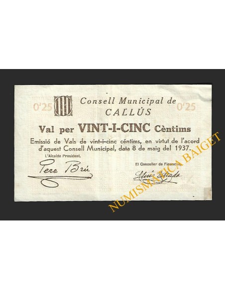 CALLÚS (Barcelona) - 25 cèntims 1937