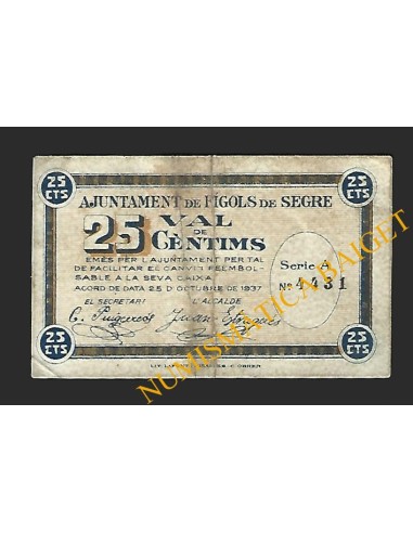 FÍGOLS DE SEGRE (Lleida) - 25 cèntims 1937