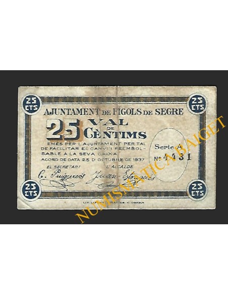 FÍGOLS DE SEGRE (Lleida) - 25 cèntims 1937