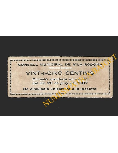 VILA-RODONA (Tarragona) - 25 cèntims 1937