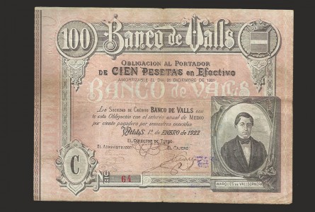 BANCO DE VALLS (TARRAGONA), 100 PESETAS 1922