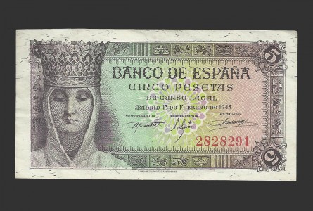 ESTADO ESPAÑOL 5 PESETAS 1943 SIN SERIE