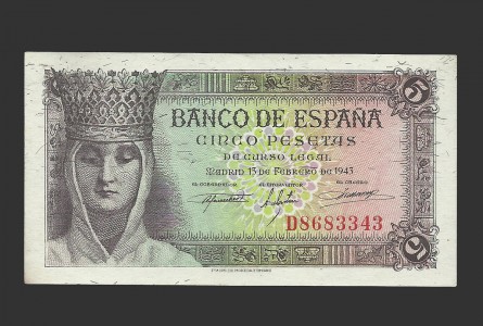 ESTADO ESPAÑOL 5 PESETAS 1943 SERIE D