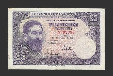 ESTADO ESPAÑOL 25 PESETAS 1954 SIN SERIE