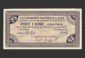 ARTESA DE LLEIDA (Lleida), 25 cèntims. 20 de juny  de 1937
