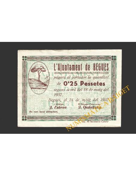 BEGUES (Barcelona), 0,25 pessetes  1937. 1ª emisión