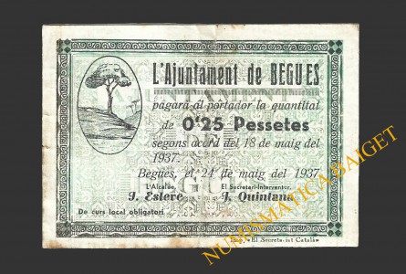 BEGUES (Barcelona), 0,25 pessetes  1937. 2ª emisión