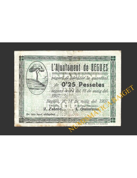 BEGUES (Barcelona), 0,25 pessetes  1937. 2ª emisión