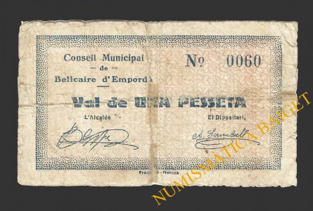 BELLCAIRE D'EMPORDÀ (Girona)), 1 pesseta  maig de 1937.