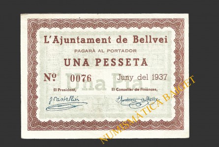 BELLVEI DEL PENEDÉS (Tarragona), 1 pesseta, juny 1937