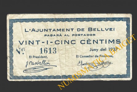 BELLVEI DEL PENEDÉS (Tarragona), 25 cèntims, juny 1937