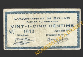 BELLVEI DEL PENEDÉS (Tarragona), 25 cèntims, juny 1937