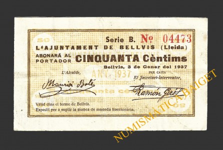 BELLVÍS (Lleida), 50 cèntims 3  gener 1937