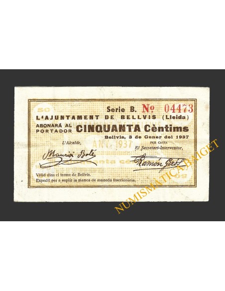 BELLVÍS (Lleida), 50 cèntims 3  gener 1937
