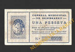 BENISSANET (Tarragona), 1 pesseta 31  Julio 1937