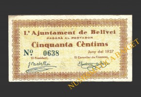 BELLVEI DEL PENEDÉS (Tarragona), 50 cèntims, juny 1937