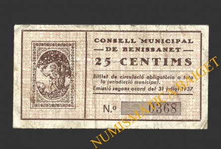 BENISSANET (Tarragona), 25 centims 31  Julio 1937