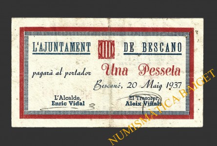 BESCANO (Girona), 1 pesseta, 20 mayo 1937