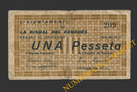 BISBAL DE FALSET, LA (Tarragona), 1 pesseta, maig del 1937