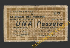 BISBAL DE FALSET, LA (Tarragona), 1 pesseta, maig del 1937