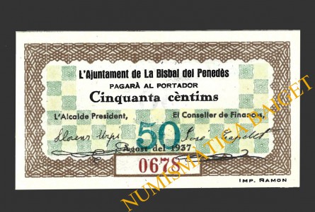 BISBAL DE FALSET, LA (Tarragona), 50 centims, agost del 1937