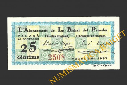 BISBAL DE FALSET, LA (Tarragona), 25 centims, agost del 1937
