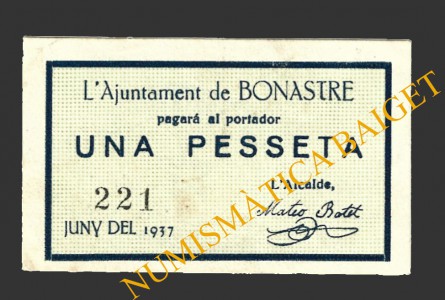 BONASTRE (Tarragona), 1 pesseta,  juny del 1937