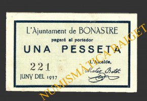 BONASTRE (Tarragona), 1 pesseta,  juny del 1937
