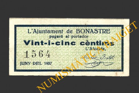 BONASTRE (Tarragona), 25 centims, juny del 1937