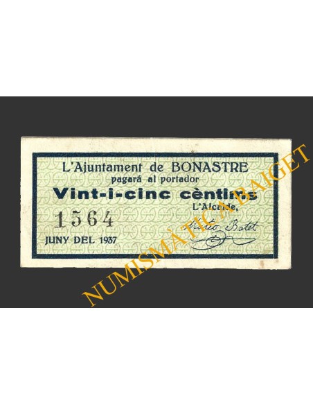 BONASTRE (Tarragona), 25 centims, juny del 1937
