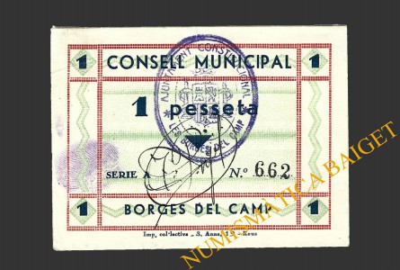 BORGES DEL CAMP (Tarragona), 1 pesseta, 1937