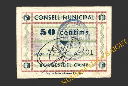 BORGES DEL CAMP (Tarragona), 50 centims, 1937
