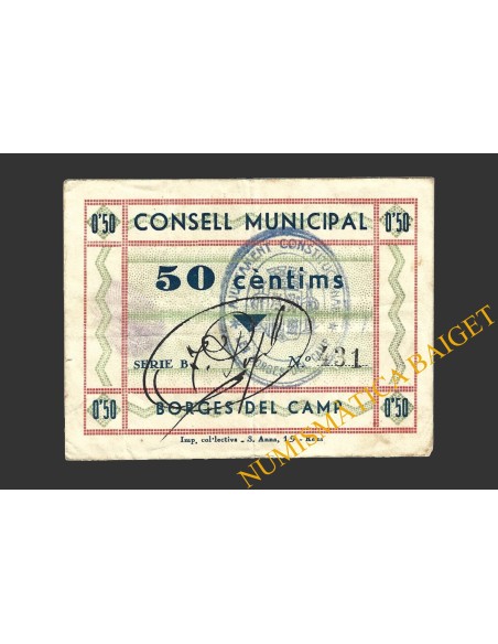 BORGES DEL CAMP (Tarragona), 50 centims, 1937