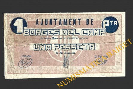 BORGES DEL CAMP (Tarragona), 1 pesseta, juliol de 1937