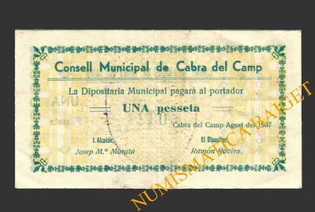 CABRA DEL CAMP, (Tarragona),  1 pesseta, agost del 1937