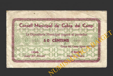 CABRA DEL CAMP, (Tarragona),  50 centims, agost del 1937