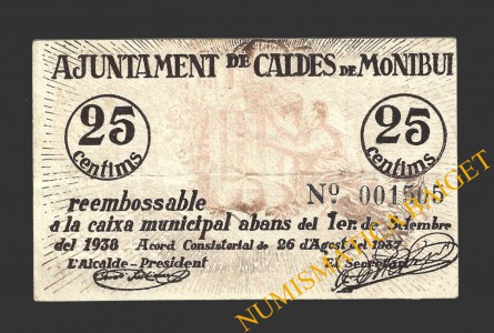CALDES DE MONTBUI, (Barcelona), 25 centims, 26 d'agost del 1937