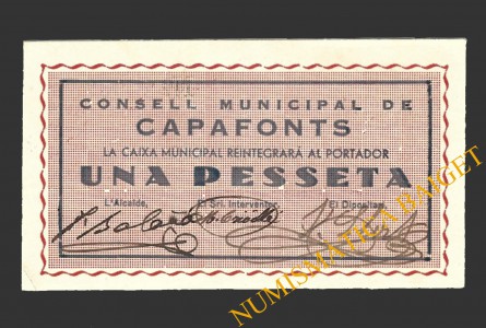 CAPAFONTS, (Tarragona), 1 pesseta, 1937