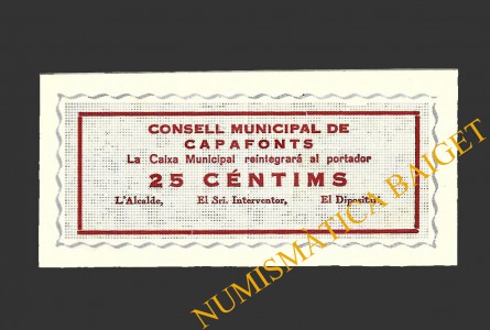 CAPAFONTS, (Tarragona), 25 centims, 1937